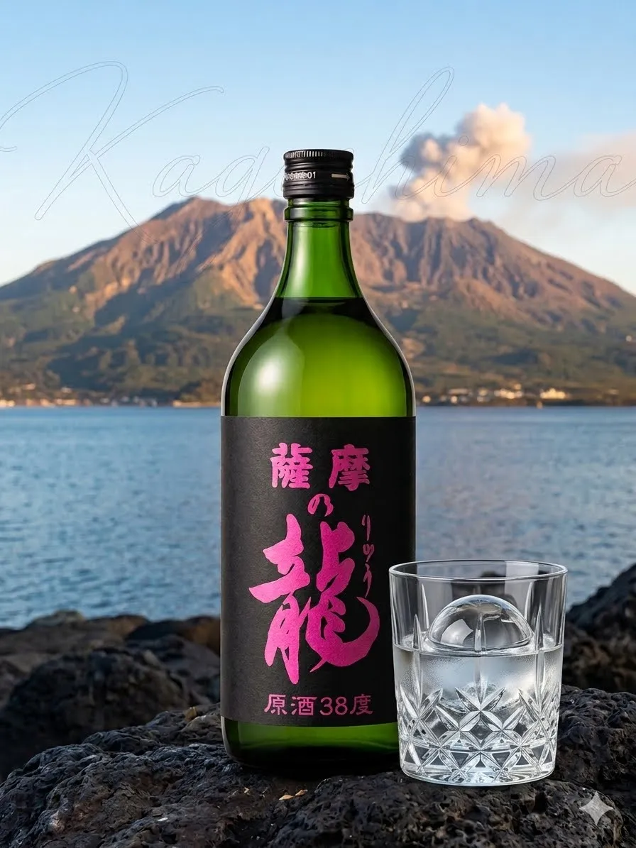 桜島を背景にした薩摩の龍 38度原酒
